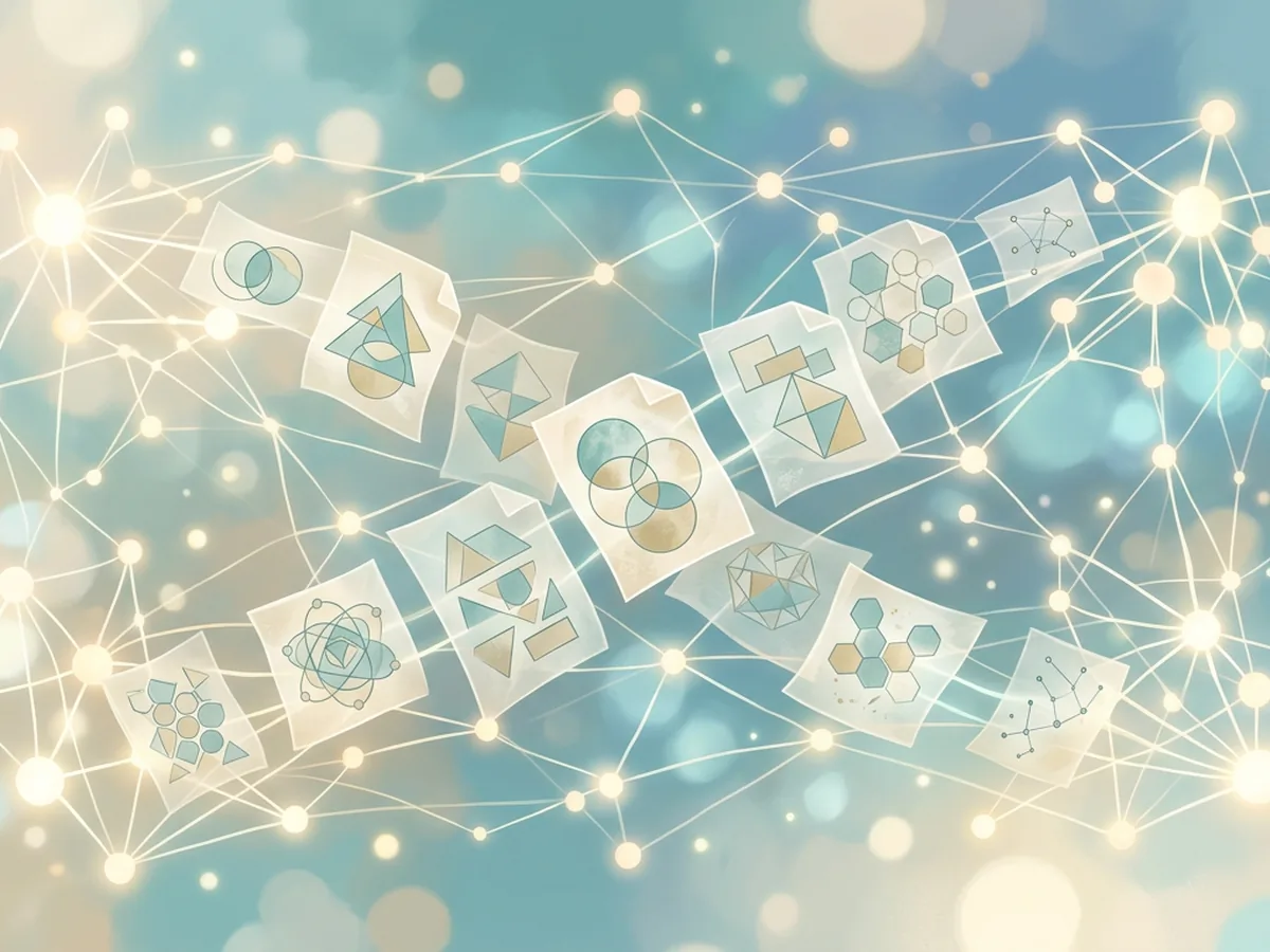 Wizualizacja partnerstw edukacyjnych HabitualMechanics, 1200 x 900 px, abstrakcyjna sieć węzłów i dokumentów