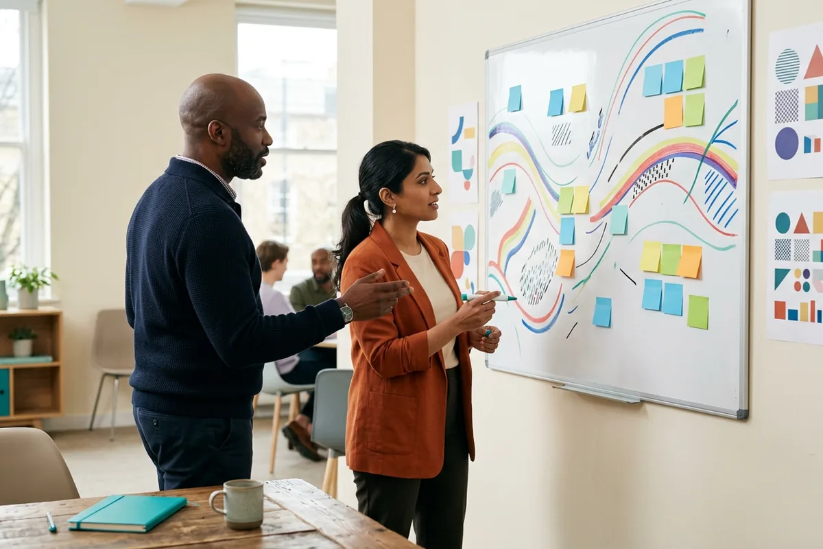 Ilustracja warsztatu redakcyjnego HabitualMechanics, 1200 x 800 px, schemat tablicy z notatkami i wykresem ryzyka